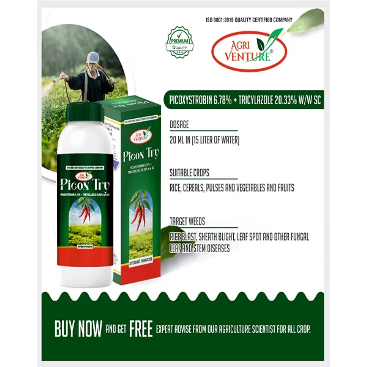 AgriVenture Picox TRY (Picoxystrobin 6.78% + Tricyclazole 20.33% SC) Fungicides